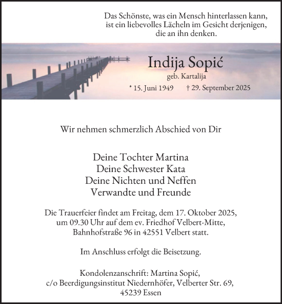 Traueranzeige von Indija Sopic von Tageszeitung
