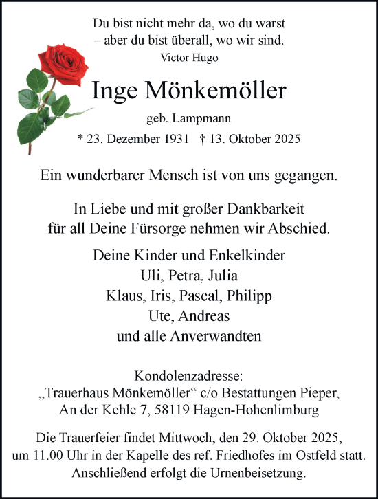 Traueranzeige von Inge Mönkemöller von Tageszeitung