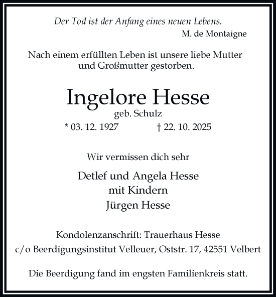Traueranzeige von Ingelore Hesse von Tageszeitung