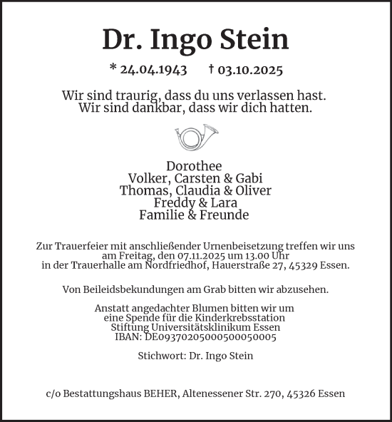 Traueranzeige von Ingo Stein von Tageszeitung