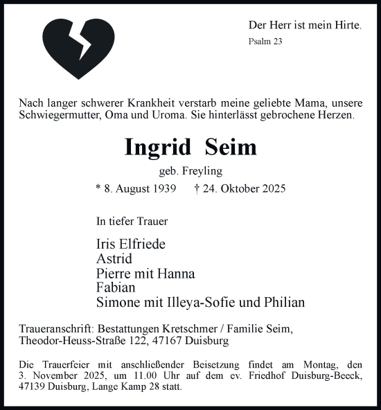 Traueranzeige von Ingrid Seim von Tageszeitung