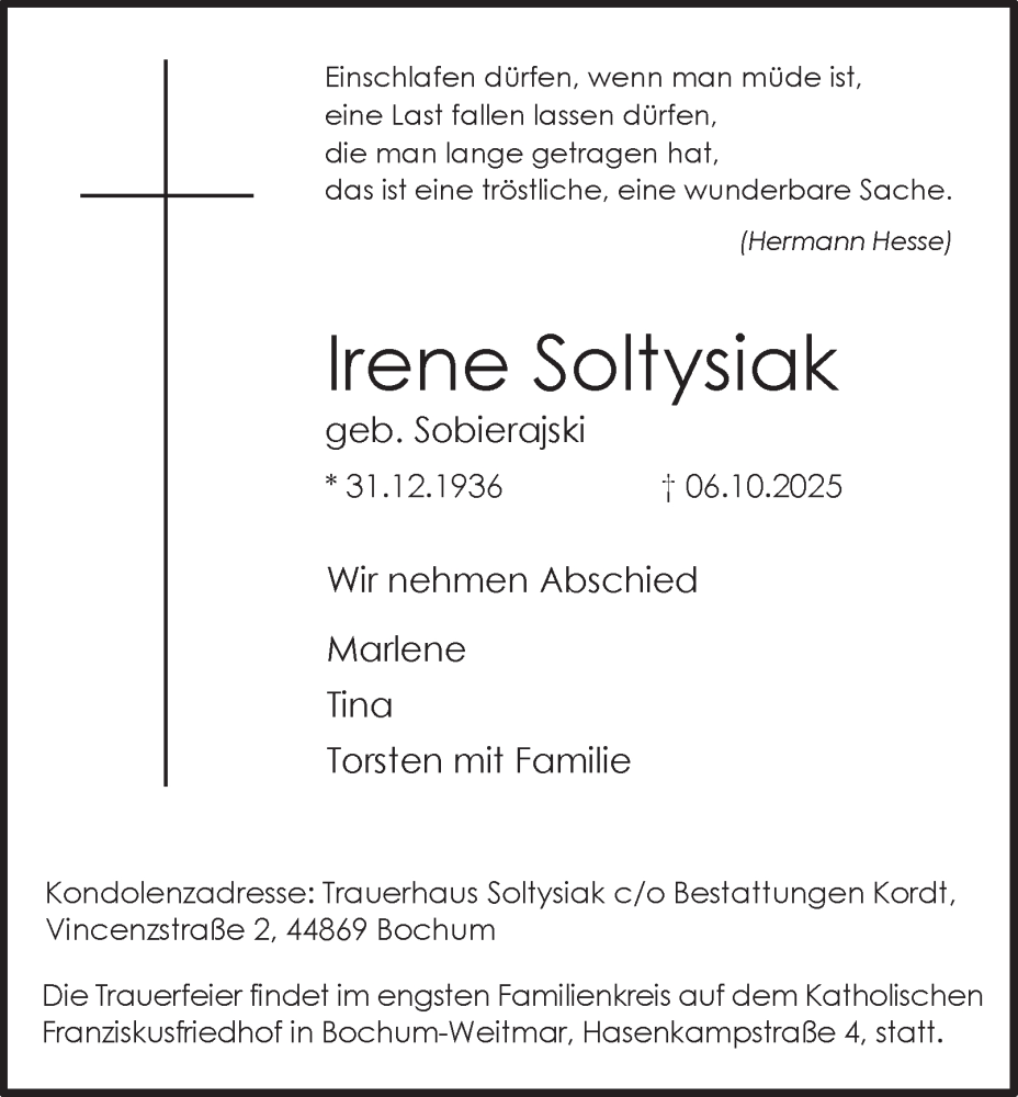  Traueranzeige für Irene Soltysiak vom 18.10.2025 aus Tageszeitung
