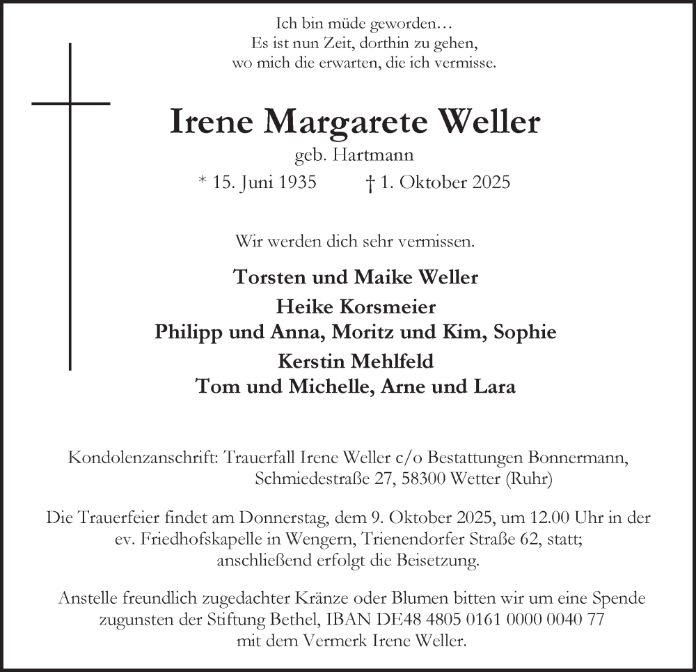  Traueranzeige für Irene Margarete Weller vom 07.10.2025 aus Tageszeitung