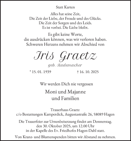 Traueranzeige von Iris Graetz von Tageszeitung