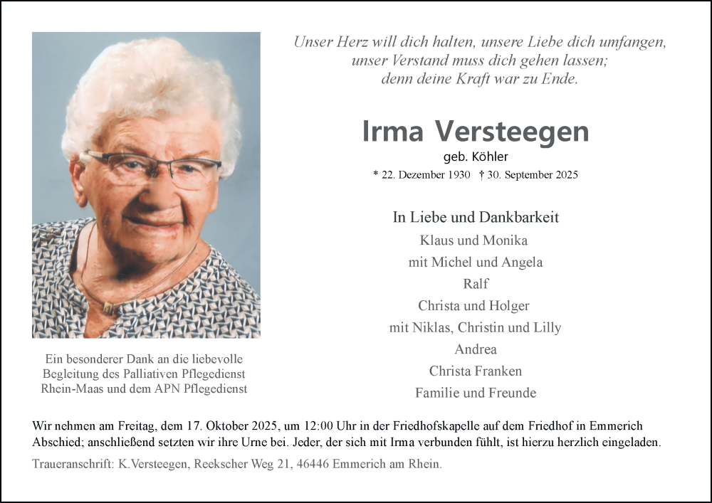  Traueranzeige für Irma Versteegen vom 11.10.2025 aus Tageszeitung