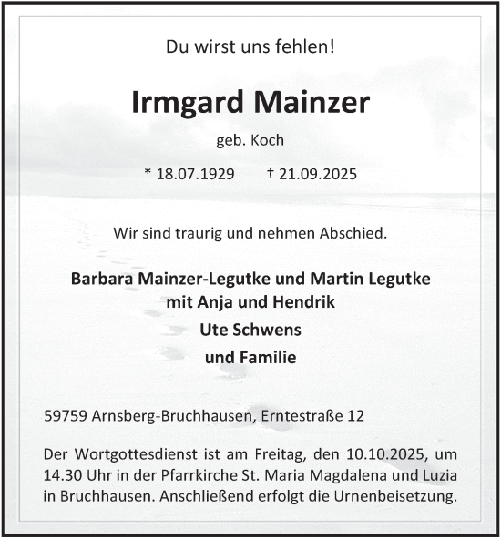 Traueranzeige von Irmgard Mainzer von Tageszeitung