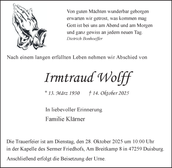 Traueranzeige von Irmtraud Wolff von Tageszeitung