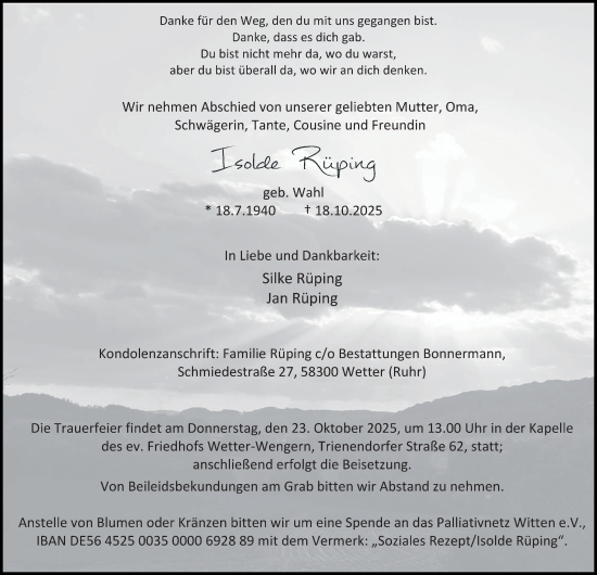 Traueranzeige von Isolde Rüping von Tageszeitung