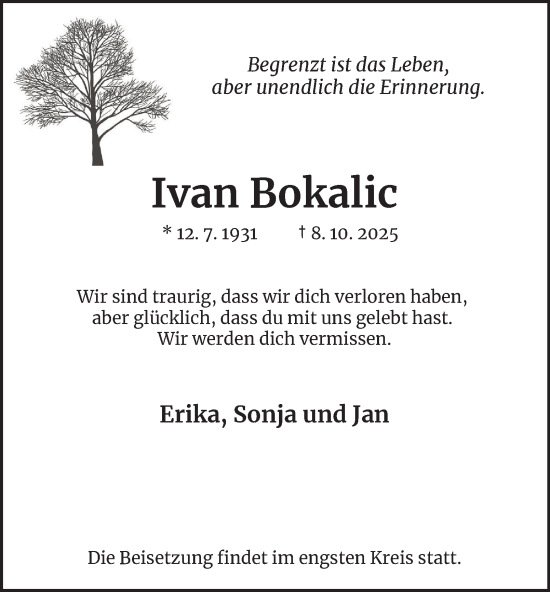 Traueranzeige von Ivan Bokalic von Tageszeitung