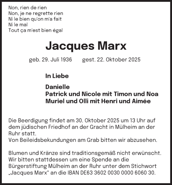 Traueranzeige von Jacques Marx von Tageszeitung