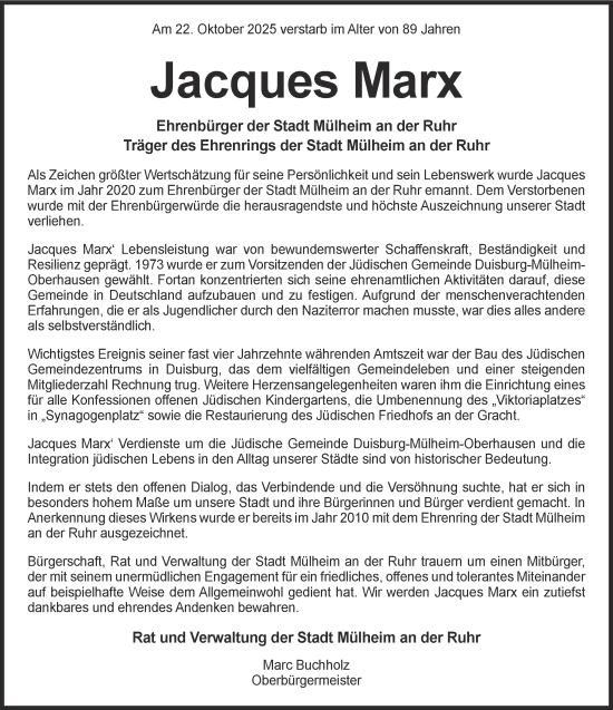 Traueranzeige von Jacques Marx von Tageszeitung