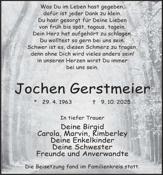 Traueranzeige von Jochen Gerstmeier von Tageszeitung
