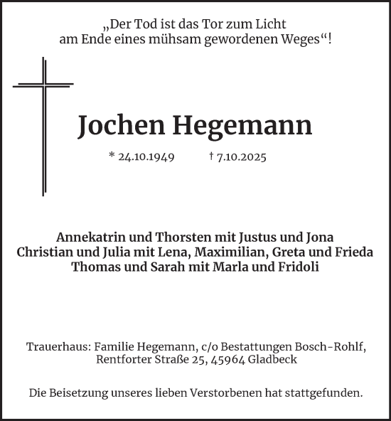 Traueranzeige von Jochen Hegemann von Tageszeitung
