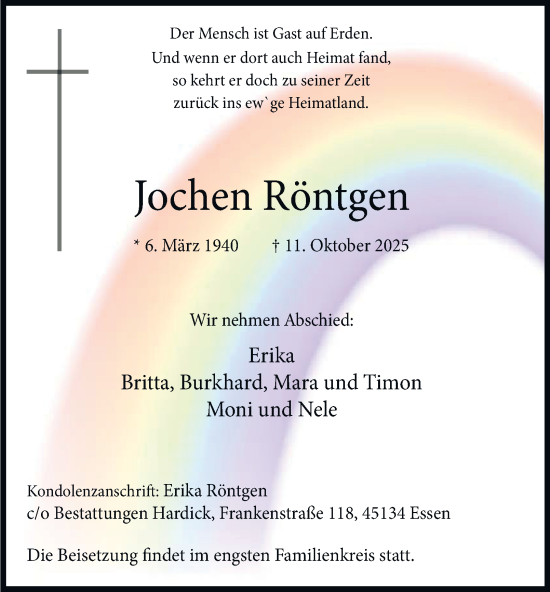 Traueranzeige von Jochen Röntgen von Tageszeitung