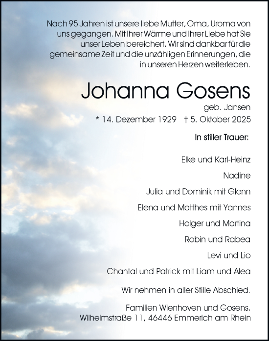 Traueranzeige von Johanna Gosens von Tageszeitung