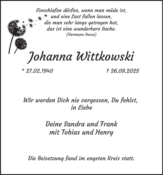 Traueranzeige von Johanna Wittkowski von Tageszeitung