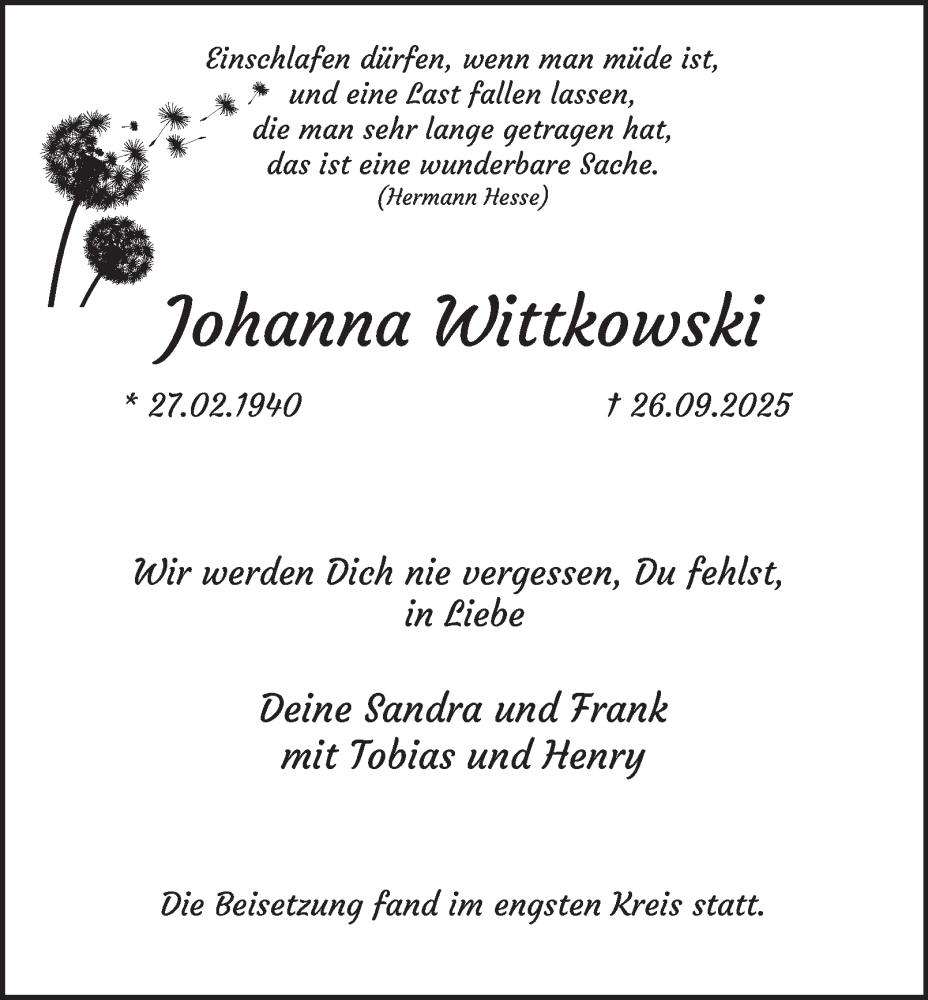  Traueranzeige für Johanna Wittkowski vom 18.10.2025 aus Tageszeitung