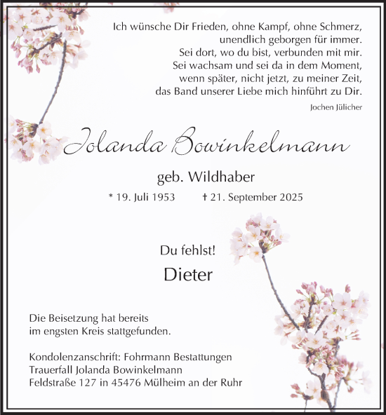 Traueranzeige von Jolanda Bowinkelmann von Tageszeitung