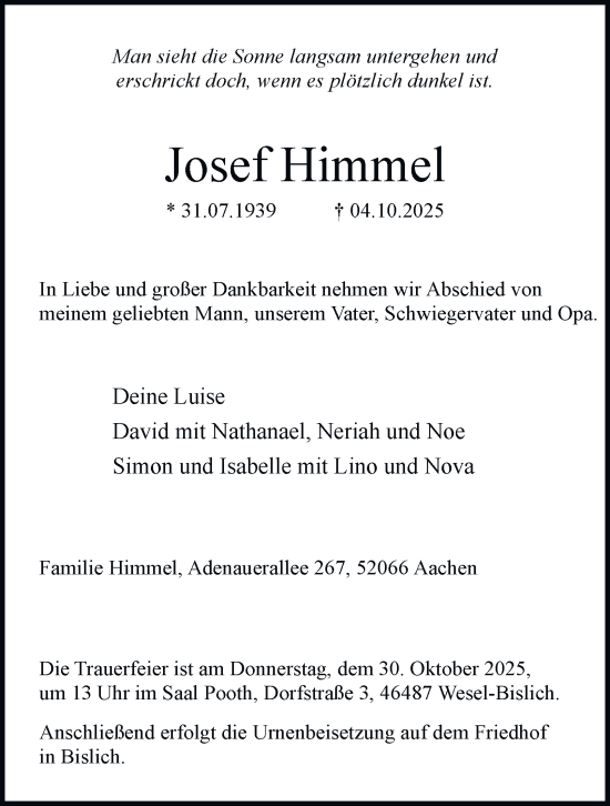Traueranzeige von Josef Himmel von Tageszeitung
