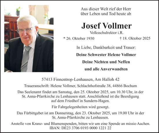 Traueranzeige von Josef Vollmer von Tageszeitung