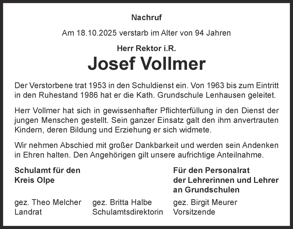  Traueranzeige für Josef Vollmer vom 30.10.2025 aus Tageszeitung
