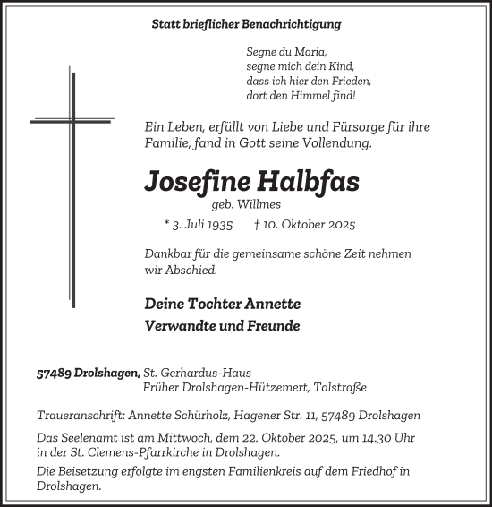 Traueranzeige von Josefine Halbfas von Tageszeitung