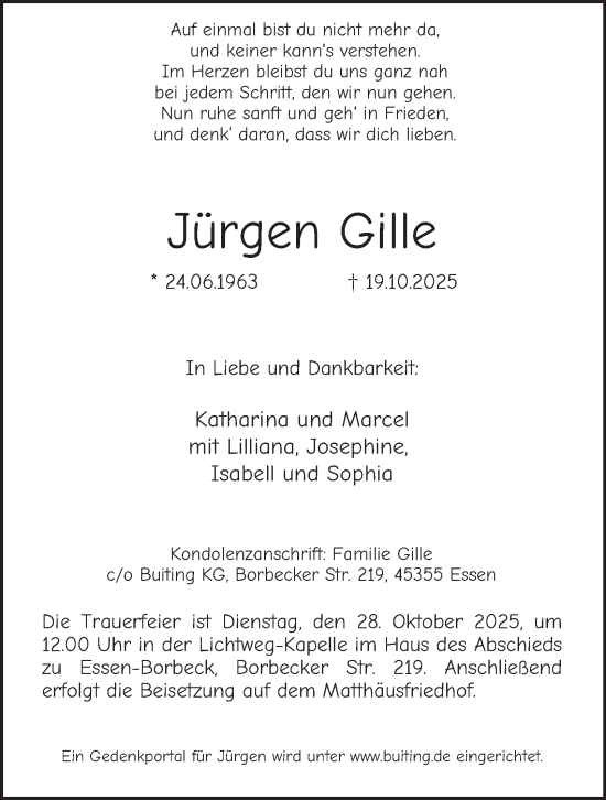 Traueranzeige von Jürgen Gille von Tageszeitung