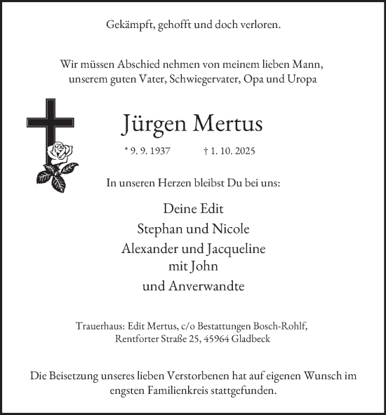 Traueranzeige von Jürgen Mertus von Tageszeitung