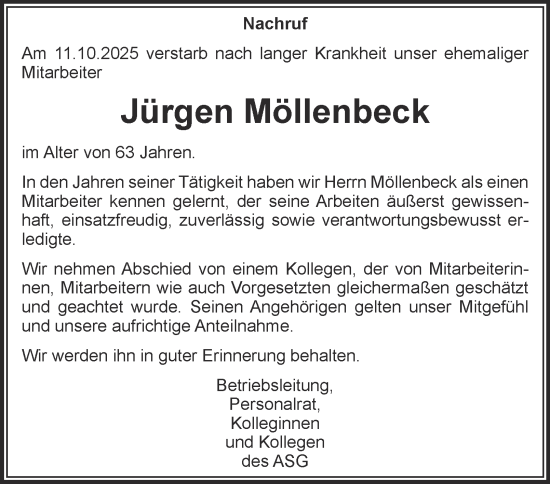 Traueranzeige von Jürgen Möllenbeck von Tageszeitung