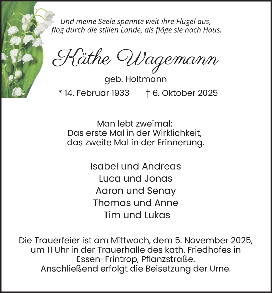  Traueranzeige für Käthe Wagemann vom 25.10.2025 aus Tageszeitung