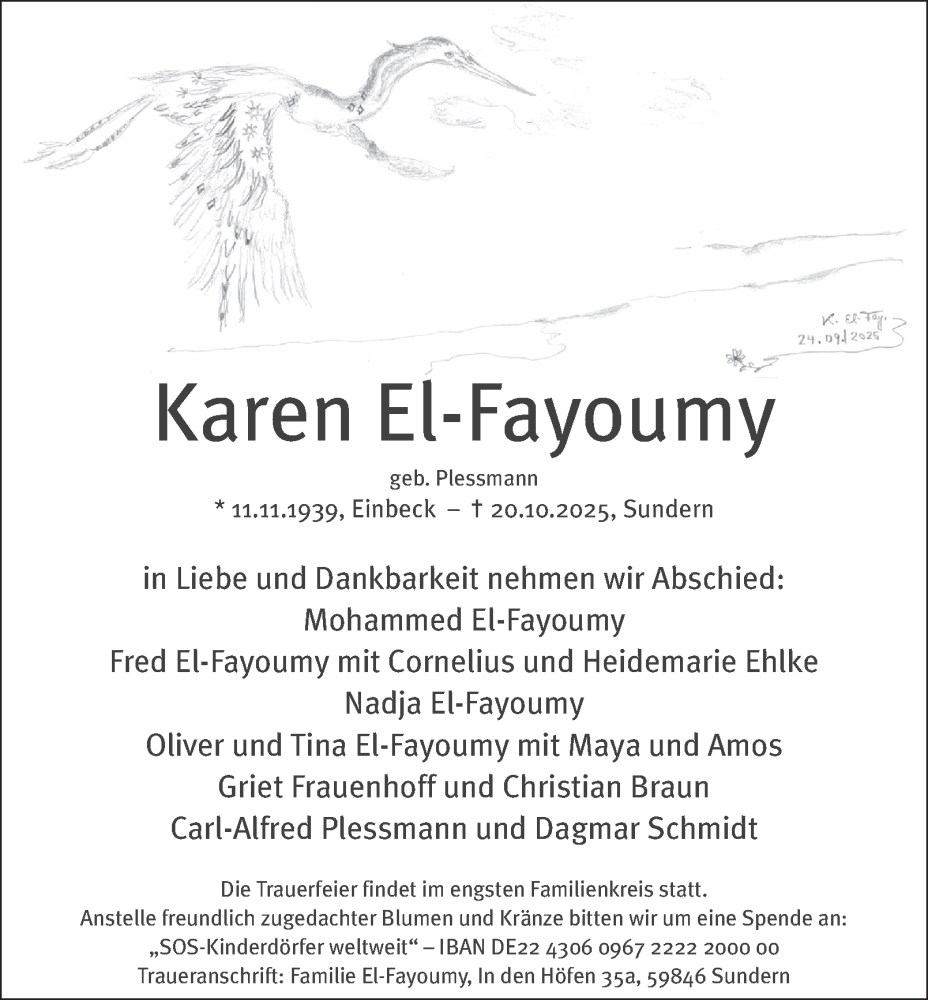  Traueranzeige für Karen El-Fayoumy vom 01.11.2025 aus Tageszeitung