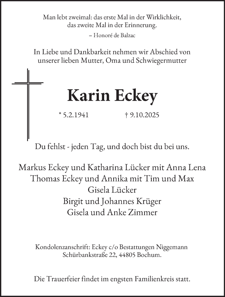  Traueranzeige für Karin Eckey vom 18.10.2025 aus Tageszeitung