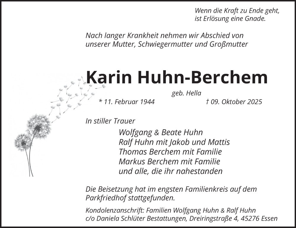  Traueranzeige für Karin Huhn-Berchem vom 25.10.2025 aus Tageszeitung