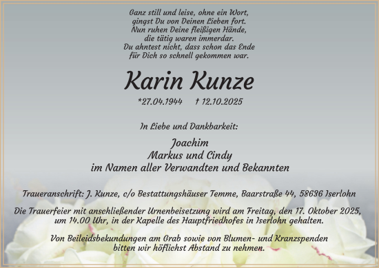 Traueranzeige von Karin Kunze von Tageszeitung