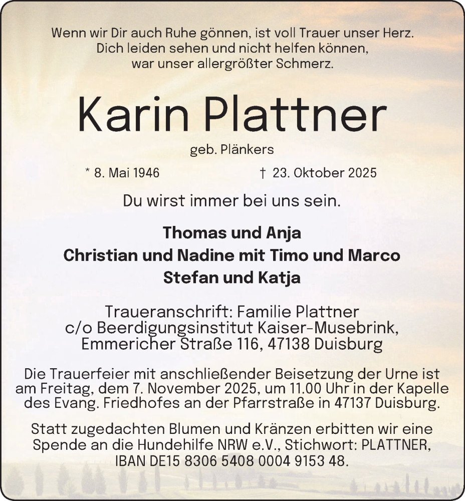  Traueranzeige für Karin Plattner vom 31.10.2025 aus Tageszeitung