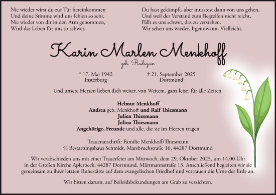 Traueranzeige von Karin Marlen Menkhoff von Tageszeitung