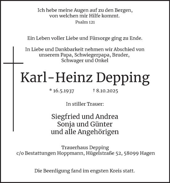 Traueranzeige von Karl-Heinz Depping von Tageszeitung