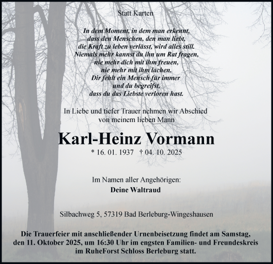 Traueranzeige von Karl-Heinz Vormann von Tageszeitung