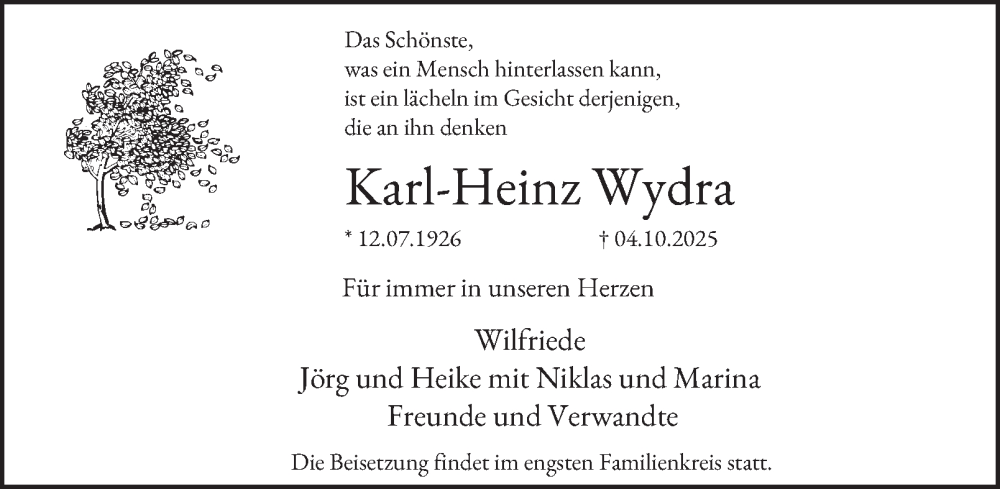  Traueranzeige für Karl-Heinz Wydra vom 11.10.2025 aus Tageszeitung