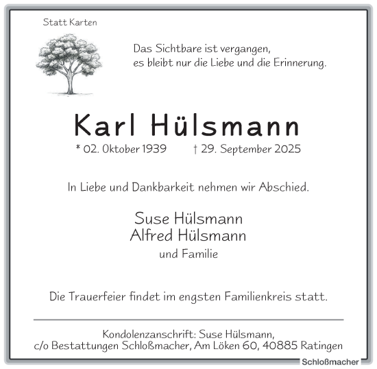 Traueranzeige von Karl Hülsmann von Tageszeitung