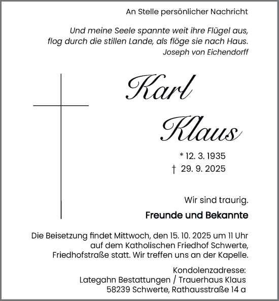 Traueranzeige von Karl Klaus von Tageszeitung