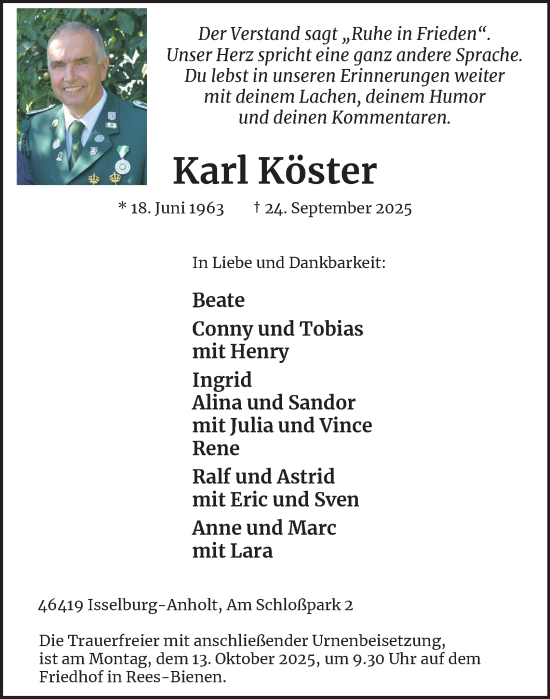 Traueranzeige von Karl Köster von Tageszeitung