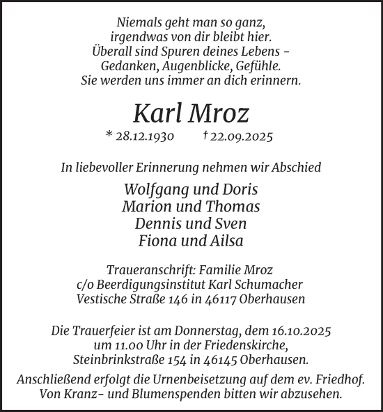 Traueranzeige von Karl Mroz von Tageszeitung