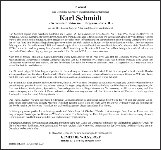 Traueranzeige von Karl Schmidt von Tageszeitung