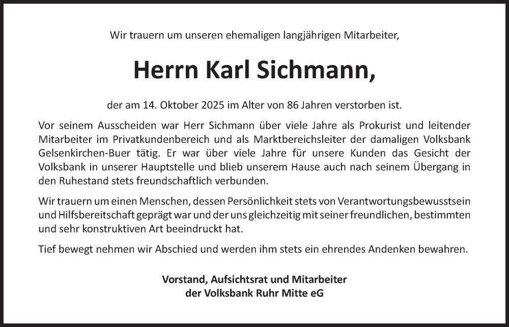  Traueranzeige für Karl Sichmann vom 22.10.2025 aus Tageszeitung