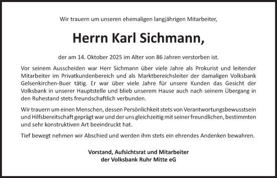 Traueranzeige von Karl Sichmann von Tageszeitung