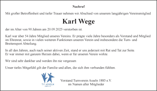 Traueranzeige von Karl Wege von Tageszeitung