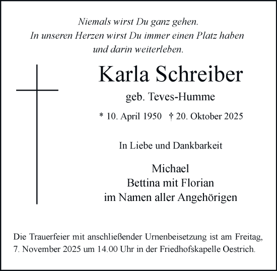 Traueranzeige von Karla Schreiber von Tageszeitung