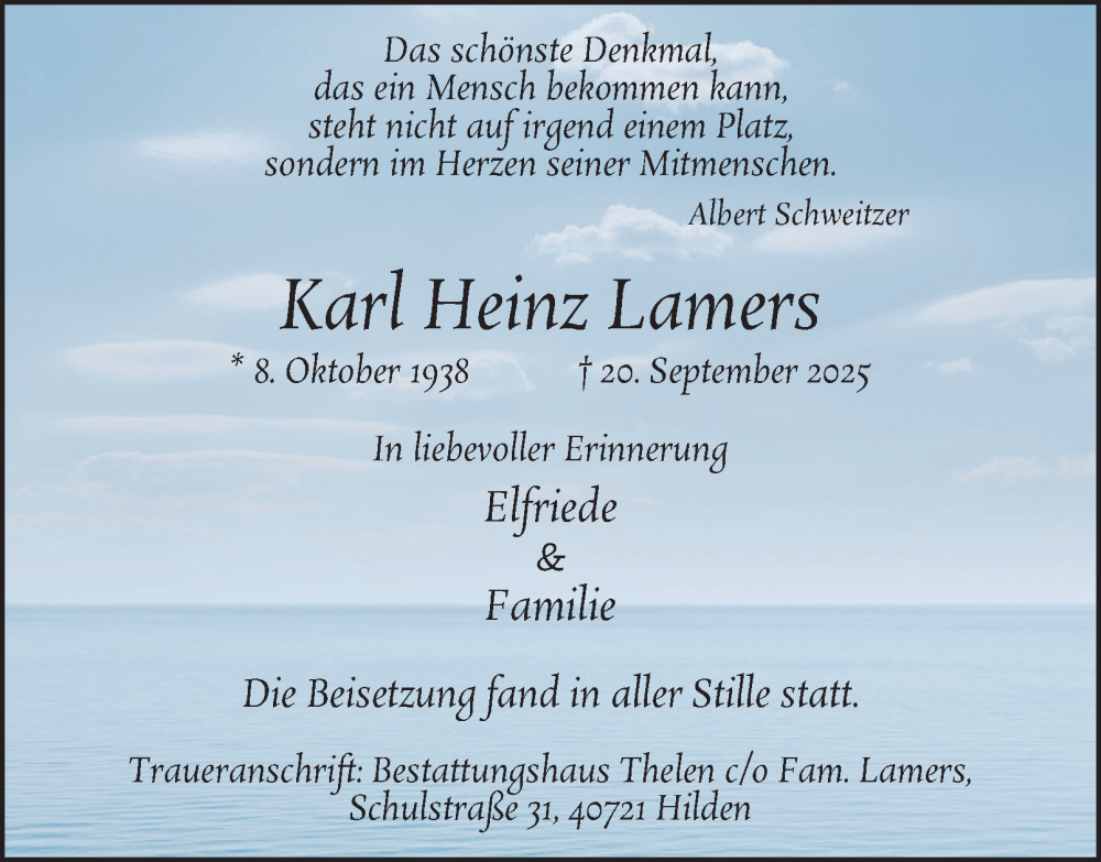  Traueranzeige für Karl Heinz Lamers vom 04.10.2025 aus Tageszeitung