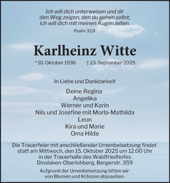 Traueranzeige von Karlheinz Witte von Tageszeitung